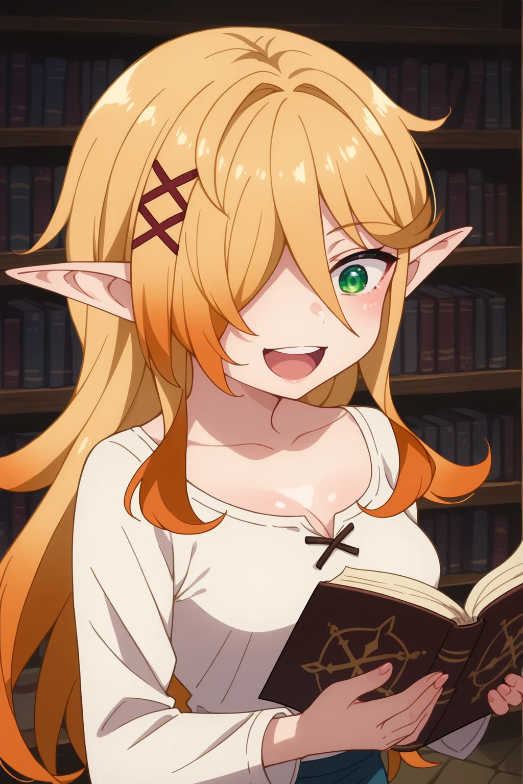 score_9, score_8_up, score_7_up, source_anime,
<lora:reviewers_zel-mtf_epoch_5:1> zel-mtf, 1girl, solo, x hair ornament, green eyes, blonde hair, elf, long hair, hair ornament, hair over one eye, pointy ears,
standing, white shirt, blue pants, cleavage, smile, laughing, wide-eyed, v-shaped eyebrows,
book, holding book, reading, looking down, shiny skin,