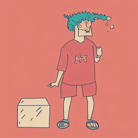 horns, sandals, box, floating hair, red shirt, day, full body, eyelashes