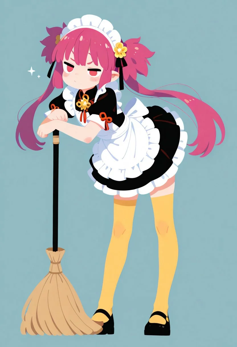 masterpiece,best quality,amazing quality, solo,Maid girl, magenta hair,twintails, yellow kneesocks, cute pose, simple background, haiz_ai, no lineart,no outline, <lora:ponyv6_noobE11_2_adamW-000017:0.3> <lora:MeMaXL4:0.8> <lora:veluflora-wai:0.4> <lora:haiz_ai_illu:0.7>