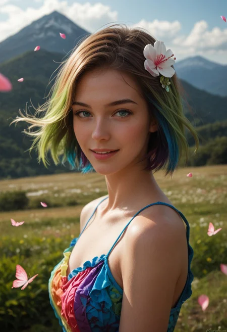 score_9_up, score_8_up, score_7_up, score_6_up, 1girl, 25 years old, perfect face, sexy, (adult:1.2),
(three quarter view), detailed face, portrait, face focus, depth of field, looking at viewer, blush, shy smile, close up,
gradient eyes, multicolored eyes, blue eyes, green eyes,
rainbow hair, short hair, bob cut, butterfly hair ornament, hair flower, floating hair,
rainbow dress, layered dress, frilled dress, sleeveless,
green nails,
happy,
day, outdoors, scenery, mountains, cheery blossom, falling petals, wind,
