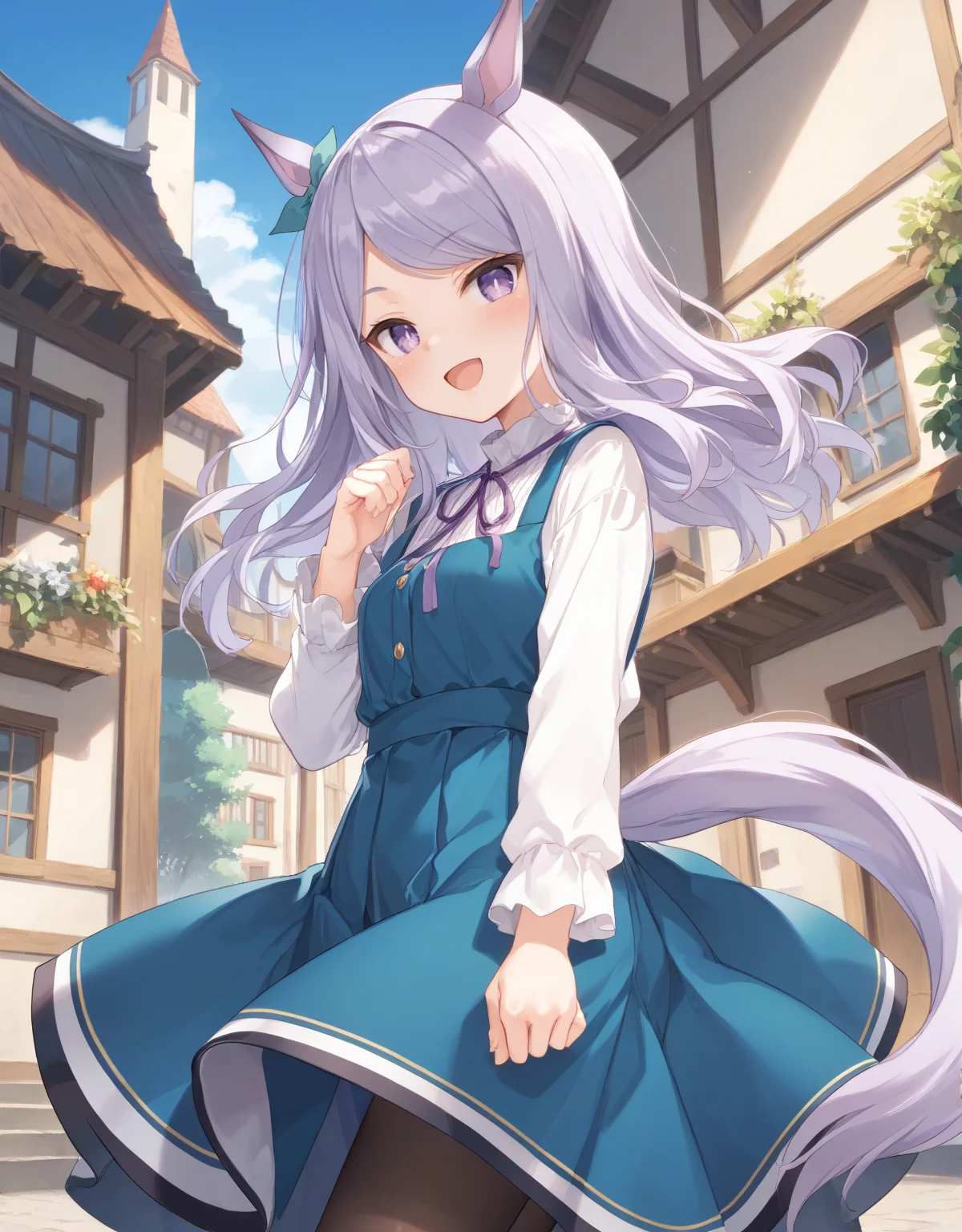 score_9, score_8_up, score_7_up, official art, masterpiece, high quality, megami magazine, official style, game cg, 1girl, (looking at viewer:1.4), (open mouth:1.0), , smile, , arms raised in the air, from behind, from below, ,
mejiro mcqueen (umamusume), animal ears, horse ears, horse girl, horse tail, tail, violet eyes, purple eyes, long hair, purple hair, eyebrows visible through hair, bangs, swept bangs, <lora:umamusume_mejiro_mcqueen_pony_v1:1>,
mjm casual, ribbon, green ribbon, purple ribbon, ear ribbon, neck ribbon, eyes visible through hair, casual, alternate costume, dress, pleated dress, aqua dress, blue dress, green dress, pinafore dress, long dress, shirt, white shirt, long sleeves, black pantyhose,
,