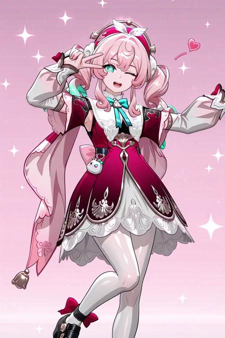 shiny skin, posing,
<lora:hyacine.il:1>,
hyacine,
heart, glitter, sparkle, bloom, 
looking at viewer, smile, happy, one eye closed, peace, star, open mouth, standing on one leg, 
pink background,