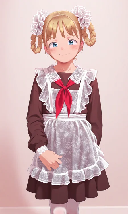 1girl, Bubukka, blond, blue eyes, sovsh_uniform, lace apron, frilled hair scrunchie, red neckerchief, brown dress, long sleeves, tied twin braids, lace collar
