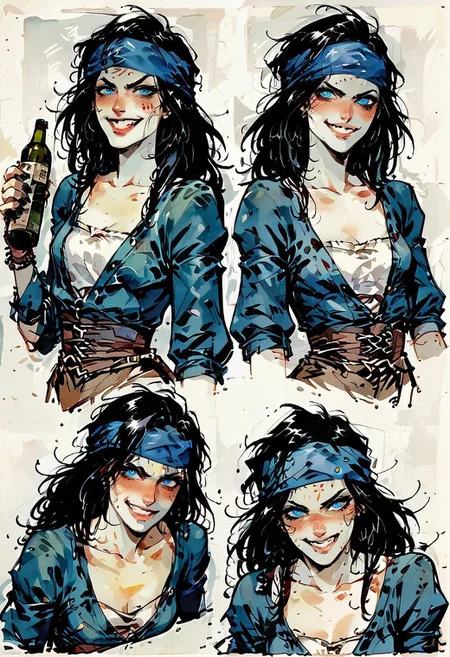 safe_pos, safe_pos, score_9, score_8_up, score_7_up,  BREAK, source_manga, source anime, punk, thug, character study in different expressions and poses, angry expression, happy expression, sexy expression, annoyed expression

BREAK
4K, detailed, watercolor, color comic style of a scuzzy perverted twisted insane evil villainous deathly pale white female nord 30 years old with pale grey blue eyes with bags under them and black hair.  Having a good time, partying, flushed, laughing, gffering viewer an alchohol bottle.  She has small breasts and wears a blue medieval dress and leather corset.  Blue bandana
 
BREAK
Skyrim tavern interior, skyrimlandscapes,