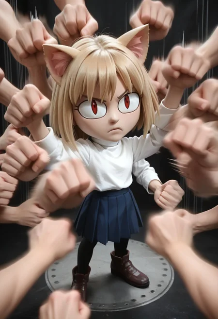 score_9, score_8_up, score_7_up, score_6_up, score_5_up, score_4_up,rushpunch,punching,multiple hands,fists,clenched fists,(motion_blur:1.2),(motion line:1.1),speed_lines,necoarc,blonde hair, red eyes, slit pupils, cat ears, :3, chibi,turtleneck, white shirt, blue skirt, pleated skirt, pantyhose, brown footwear,RAW,photo,cinematic shot,film grain