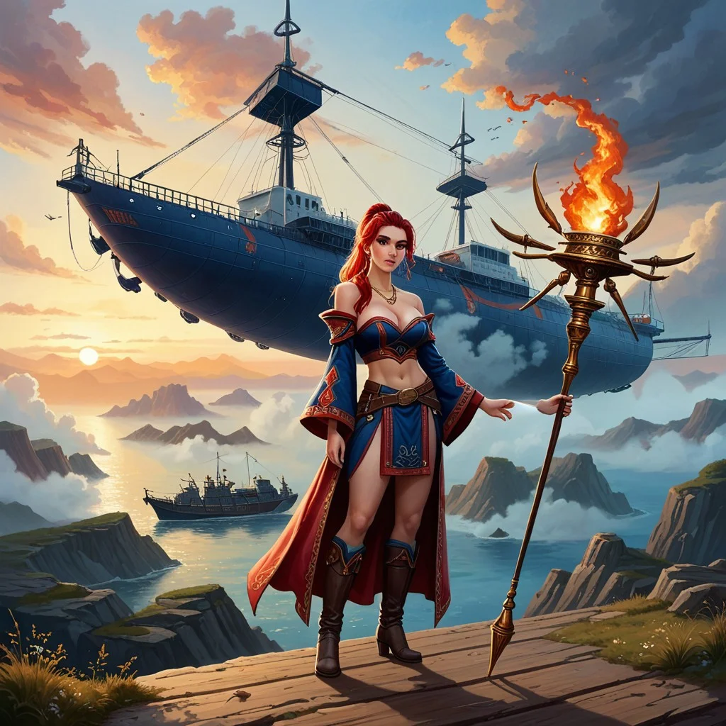 oil painting of (parkinson_style) score_9 score_8_up score_7_up action scene 1girl solo red hair jewelry breasts navel long red hair necklace boots staff ponytail earrings cleavage midriff blue eyes full body armor holding wide sleeves high ponytail standing strapless skirt knee boots sky best quality masterpiece , epic background, airship, clouds, sunset, magical, magic items, hat, NSFW, dragons, monsters,