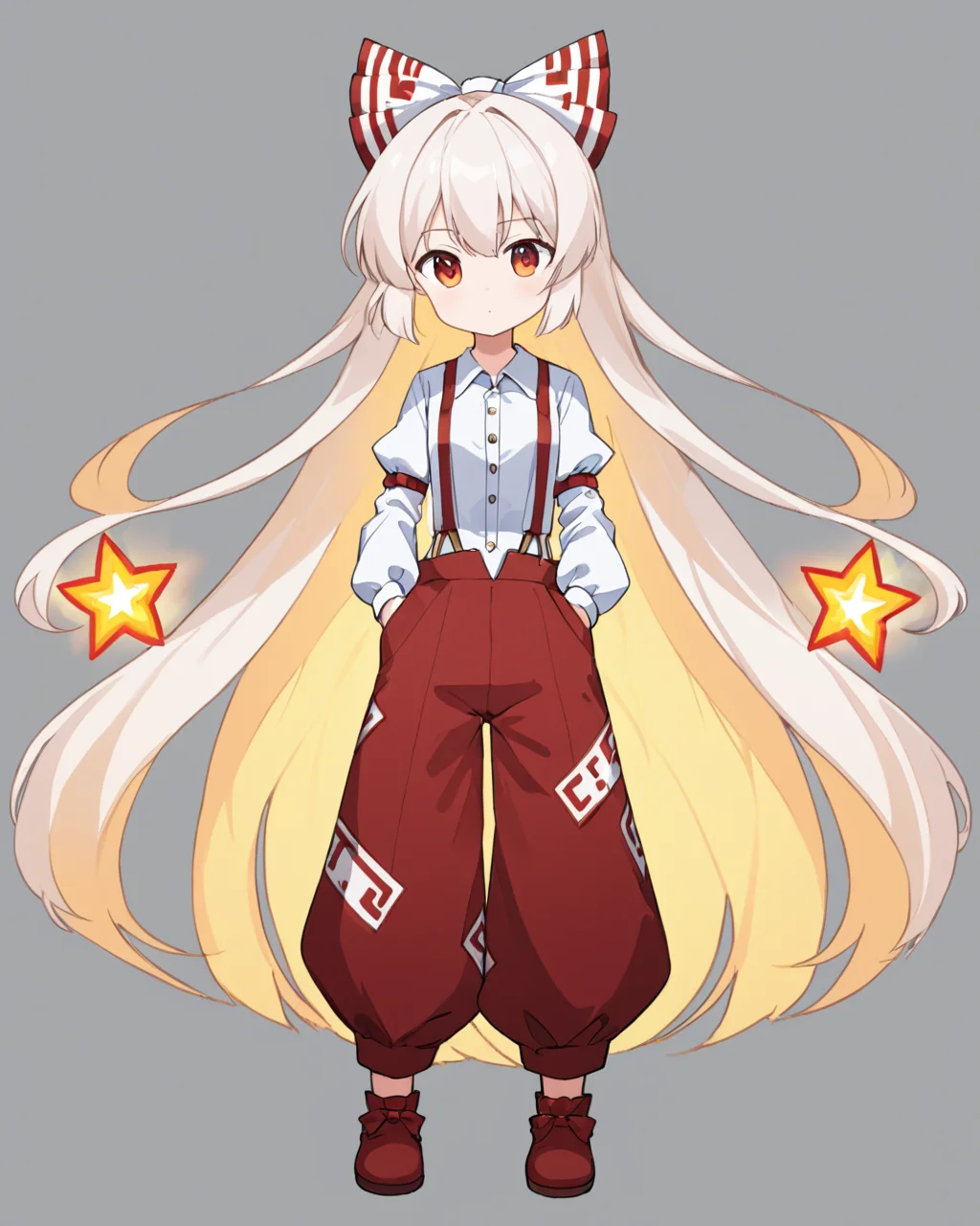 fujiwara no mokou,1girl, solo, suspenders, hair_bow, red_pants, white_shirt, collared_shirt, hand_in_pocket, simple_background, white_bow, grey_background, ofuda_on_clothes, buttons, cowboy_shot, juliet_sleeves, pyrokinesis, hime_cut, closed_mouth, red_bow
<lora:fujiwara_no_mokou_image4672_2023-12-14-000008:1>,star-shaped_pupils,symbol-shaped_pupils,. gorgeous,key visual, vibrant, studio anime,award-winning, professional, highly detailed,high budget, cinemascope