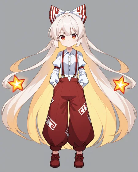 fujiwara no mokou,1girl, solo, suspenders, hair_bow, red_pants, white_shirt, collared_shirt, hand_in_pocket, simple_background, white_bow, grey_background, ofuda_on_clothes, buttons, cowboy_shot, juliet_sleeves, pyrokinesis, hime_cut, closed_mouth, red_bow
<lora:fujiwara_no_mokou_image4672_2023-12-14-000008:1>,star-shaped_pupils,symbol-shaped_pupils,. gorgeous,key visual, vibrant, studio anime,award-winning, professional, highly detailed,high budget, cinemascope