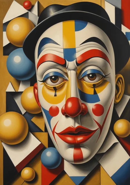 Poster format, clown mask, Juan Gris, Fernand Leger, cubism, shiny materials, volume, curved strokes, terror, suspense, intrigue, precious stones, golden tones, orbs, hyperrealism