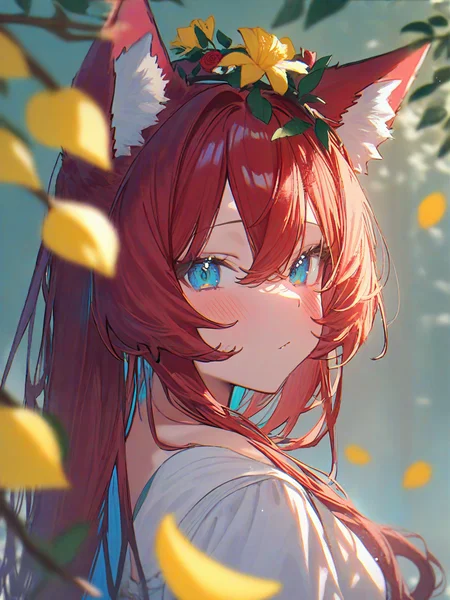 1girl,solo,animal ears,animal ear fluff,cat ears,hair ornament,yellow flower,hair flower,long hair,red hair,hair between eyes,blue eyes,shirt,white shirt,looking at viewer,collarbone,blush,
flower,hair flower,hatsune miku,red flower,hair ornament,dappled sunlight,sunlight,branch,looking at viewer,portrait,blurry,head wreath,rose,white flower,covered mouth,upper body,leaf,looking back,orange flower,red rose,blue eyes,yellow flower,
<lora:ag31-anon_1-000032:1>,