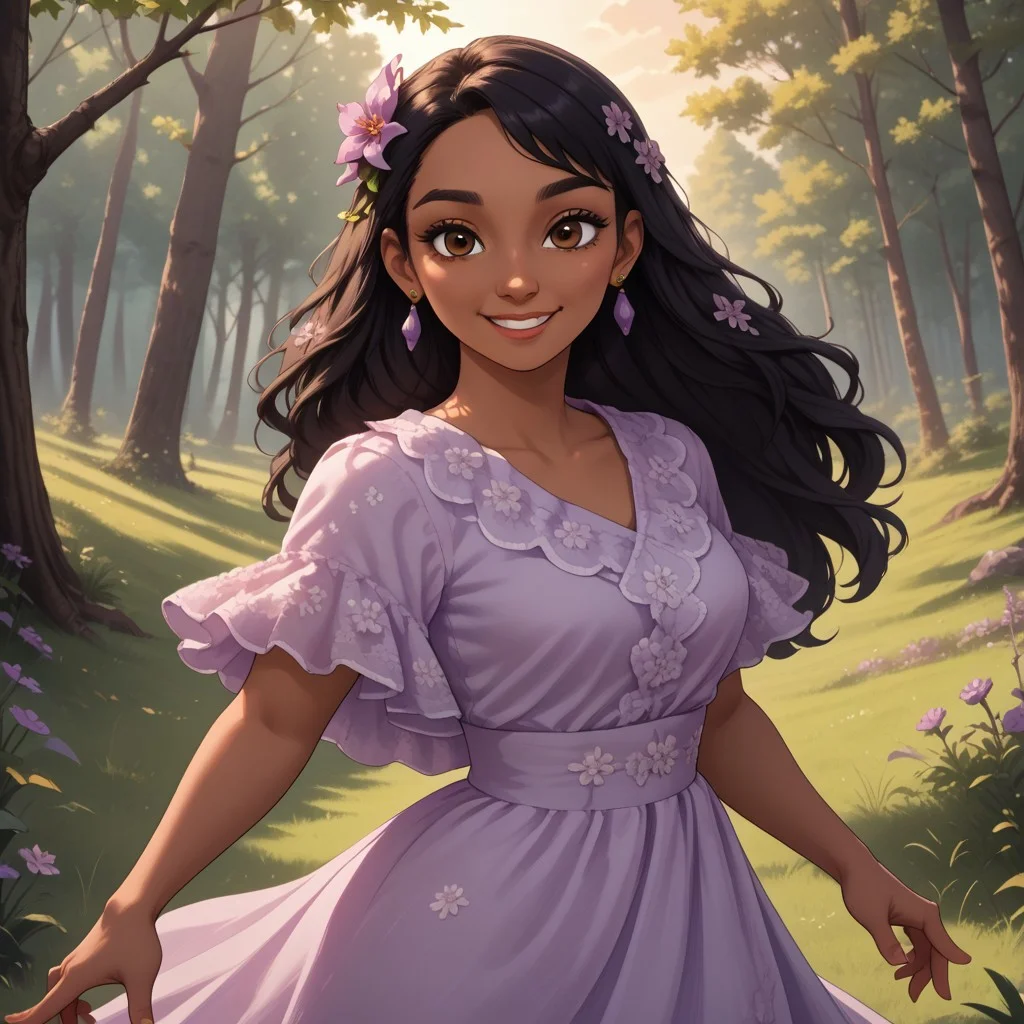 score_9, score_8, BREAK, solo, black hair, brown eyes, flower hair ornament, earrings, dark skin, dark skin female, lavender long dress, purple shoes, Isabela_Madrigal_(Encanto), cute, sexy pose, self portrait, smile, outdoors, sunlight, shadows, evening lighting, natural lighting, forest, trees, grass, orange sky, sunset