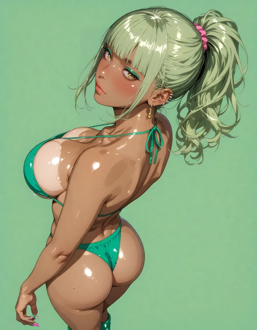 (score_9, score_8_up, score_7_up), source_anime, rating_safe,
(best-quality, masterpiece, masterful details, visual storytelling:1), sharp edges, clear focus,
highly detailed, ultra-high resolution, 32K UHD, sharp focus, with a high-end texture, dynamic posture, concept art, (fine art illustration, surreal)
BREAK
beautiful russian and korean and chinese mixed-race female, juicy woman, 20year old, mature female, (gyaru girl, dark skin),
(facing down:1), (looking back, expressionless, narrowed eyes), full-face blush,
(long eyes, long eyelashes, green eyeshadow),
BREAK
blunt bangs, high ponytail, green hair,
BREAK
huge breasts, plump, fat arm, wide hip, thin thigh, long legs, perfect hands,
BREAK
(wearing a green bikini and green and yellow colored platform boots:1),
BREAK
standing, (reaching, 2arm, perfect hands),
BREAK
(simple green background, shoot from above and side, face focus, waist shot, dutch angle)
BREAK
<lora:Style-Hyper-SDXL-12steps-CFG-lora:0.8>
<lora:add_brightness_XL:-0.1>
<lora:add_contrast_XL:0.1>
<lora:add_saturation_XL:0.2>
<lora:add_outline_XL:-0.3>
<lora:Gyaru:0.2>
<lora:Sinozick_Style_XL_Pony:0.4> sinozick style, flat color
<lora:oiledconcept:0.1> (shiny skin)