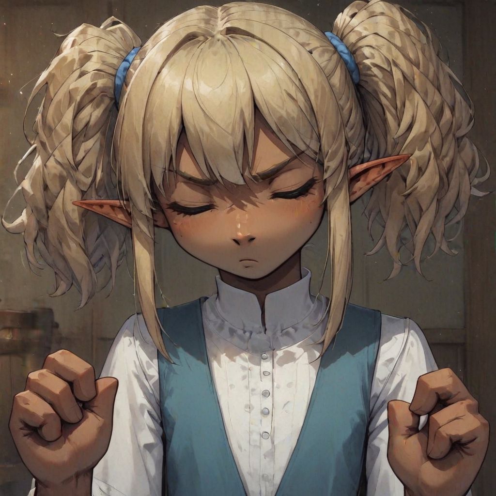 ASCIILapanya, 1 person, 3/4 angle, solo, pointy ears, ((snout nose)), flat chest, stocky stature, bangs, ((dark tan skin)):1.2, blonde hair, twintail hair, wavy hair, closed eyes, white tunic, blue vest, white skirt, knee-length spats, standing, ((annoyed expression, cracking knuckles)), small nostrils, ((3 fingers 1 thumb)), tavern background, fully clothed, clean lines, close up, upper body focus, highly detailed face, high quality, best quality, masterpiece quality, snapshot, rating: safe