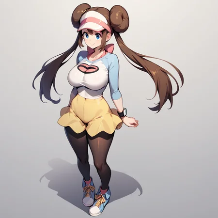 score_9, score_8_up, score_7_up, score_6_up, score_5_up, score_4_up, BREAK, source_anime, <lora:princess_xl_v2:0.5> full body, standing, smile, <lora:Rosa_Pokemon-000002:1>hair bun, blue eyes, twintails, long hair, large breasts, visor cap, pantyhose, raglan sleeves, yellow shorts, shirt,