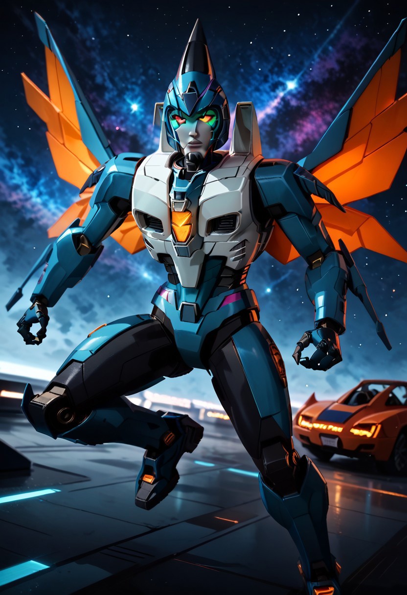 score_9_up, score_8_up, score_7_up,score_6_up, 1boy, orange colors, robot man, orange and red, conehead. (((cone-like helmet))), wings on legs, rating_safe, style_comics, robot, transformers, jet transformer with pointy helmet, action pose, gorgeous detailed eyes in the style of precisionism, ((wide focus)), cosmic background