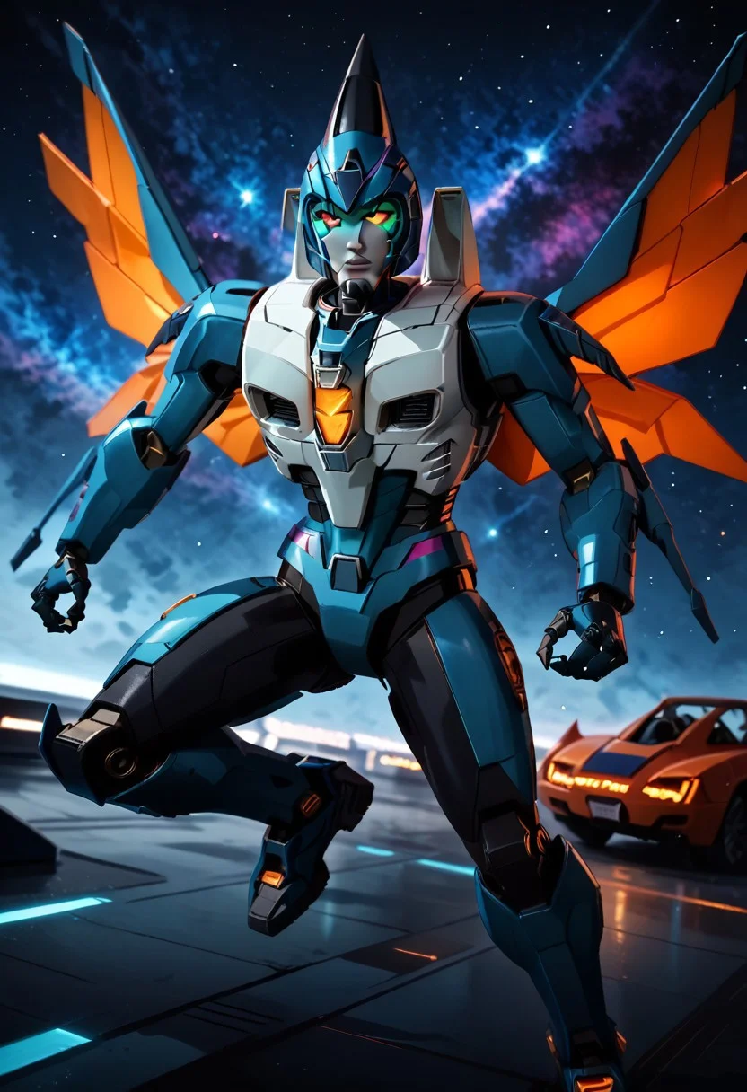 score_9_up, score_8_up, score_7_up,score_6_up, 1boy, orange colors, robot man, orange and red, conehead. (((cone-like helmet))), wings on legs, rating_safe, style_comics, robot, transformers, jet transformer with pointy helmet, action pose, gorgeous detailed eyes in the style of precisionism, ((wide focus)), cosmic background
