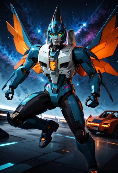 score_9_up, score_8_up, score_7_up,score_6_up, 1boy, orange colors, robot man, orange and red, conehead. (((cone-like helmet))), wings on legs, rating_safe, style_comics, robot, transformers, jet transformer with pointy helmet, action pose, gorgeous detailed eyes in the style of precisionism, ((wide focus)), cosmic background