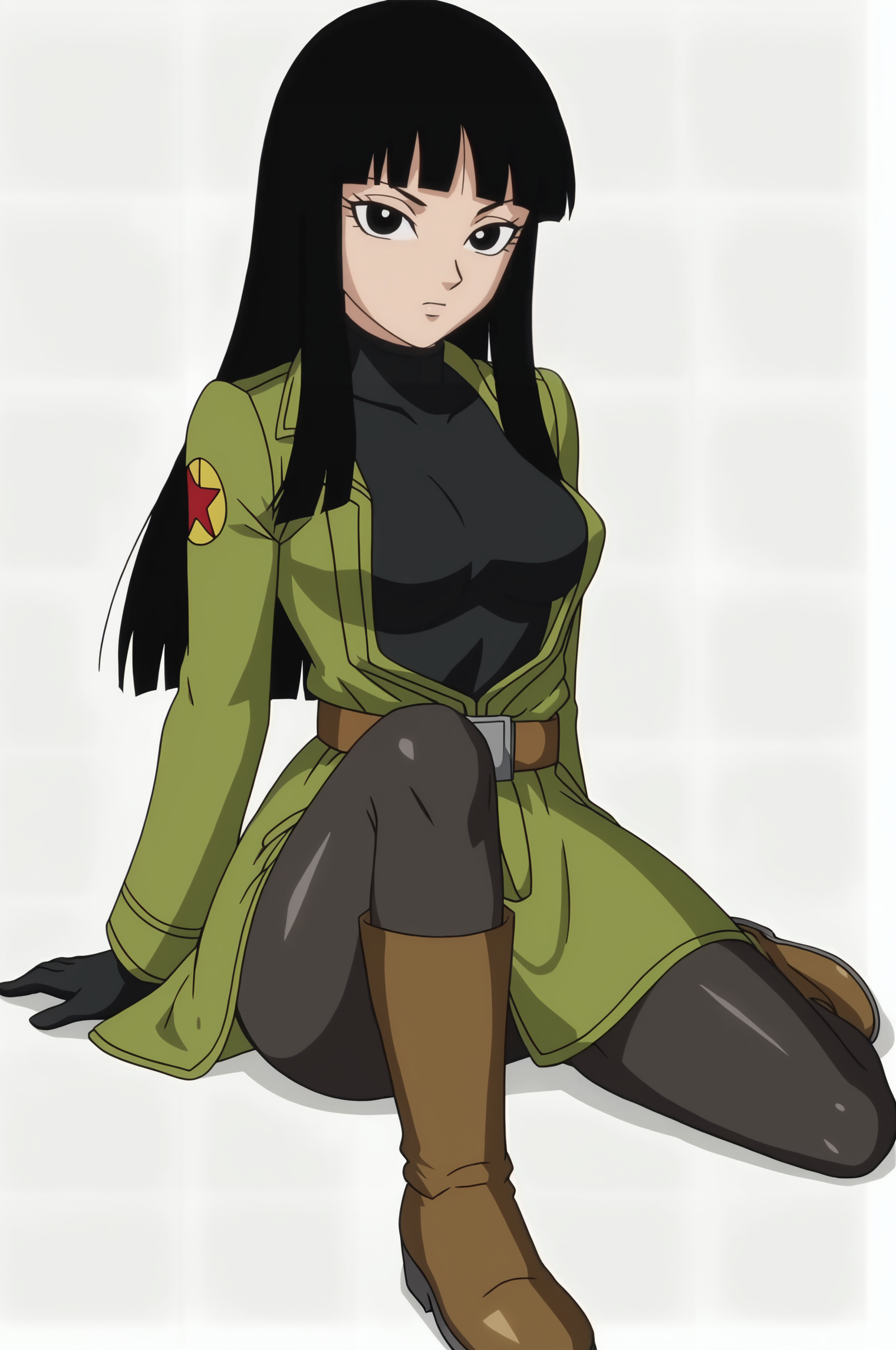 source_anime, score_9, score_8_up, score_7_up, anime screencap, absurdres, official style, 1girl, solo, 
future mai, long hair, eyelashes, black eyes, black hair, bangs, turtleneck, black shirt, green coat, long sleeves, belt, black pantyhose, boots, brown footwear, sitting, medium breasts, full body, wariza, breasts, looking at viewer, crossed wrists, white background, simple background
<lora:ohmai_pony_v1:0.8>