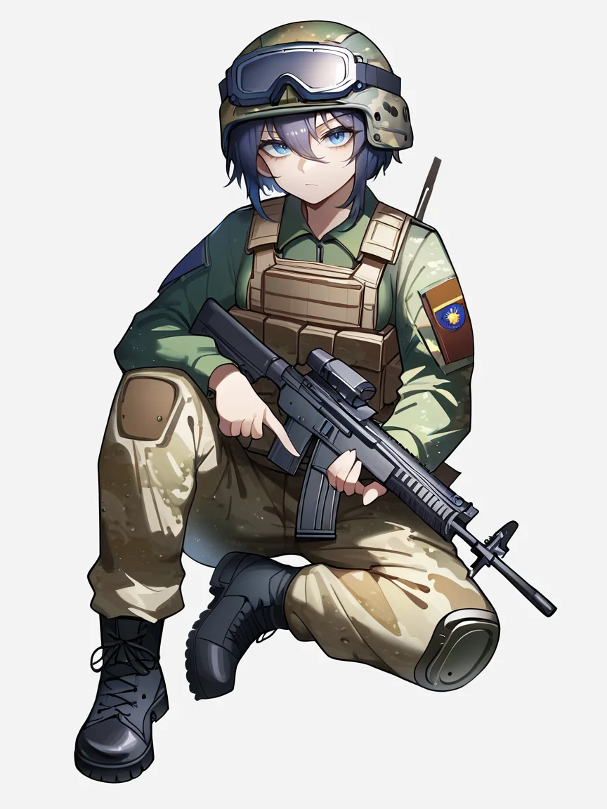 score_9, score_8_up, score_7_up, score_6_up, score_5_up,  <lora:tacticalclothesXLP:0.8> tactical clothes, 1girl, weapon, gun, camouflage, solo, goggles, holding weapon, military, holding, white background, helmet, rifle, blue eyes, goggles on headwear, holding gun, boots, camouflage pants, military uniform, uniform, simple background, full body, camouflage jacket, assault rifle, looking at viewer, pants, black footwear, short hair, long sleeves, jacket, hair between eyes