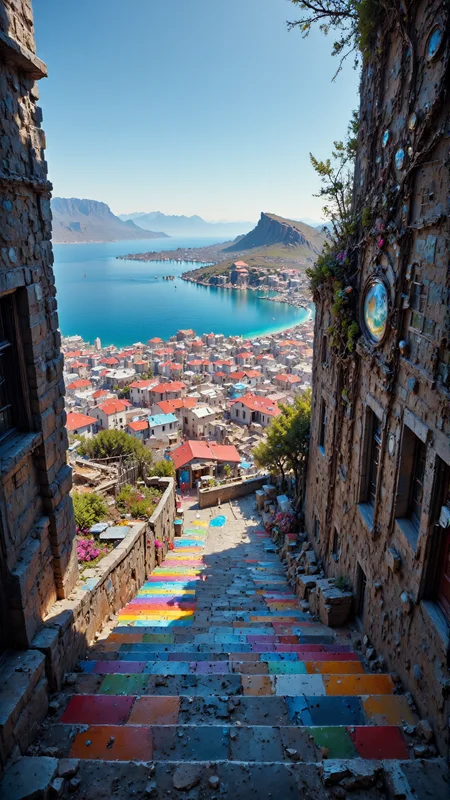 Photograph of a rugged coastal town viewed from a steep, stone staircase. The staircase is flanked by rough, gray rocks. Below, the town features colorful buildings with red and white roofs, a central plaza, and a large, blue harbor. The background includes a rocky, arid landscape with sparse vegetation. The scene is bright and sunny.
<lora:DarksunRIDDV3:1> <lora:flux_hyperkraximalism-crazy:0.6> <lora:dwd:1> <lora:Prismatic_Crystal-World_Morph-Flux:0.6> prismatic crystal, entirely made out of prismatic crystal