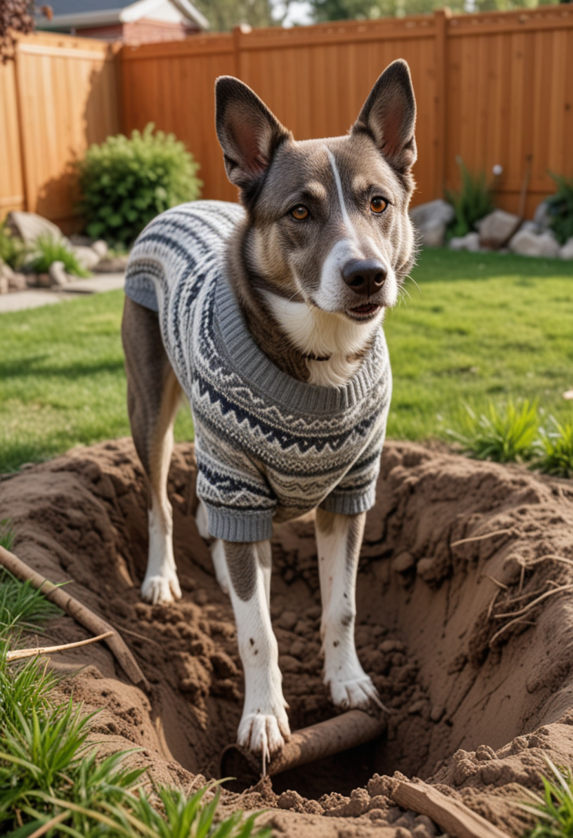 (medium full shot) of (courageous dog) with grey short fur, a patterned sweater, performing digging a hole, set in  a messy backyard, with overgrown grass, scattered sticks, a few holes dug by the dog, and an adventurous setting, Masterpiece,best quality, photo, realistic, very aesthetic,
