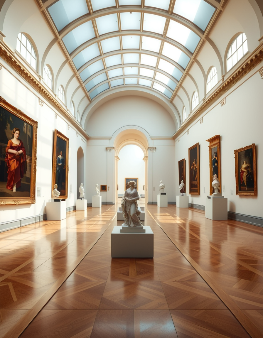 A high-resolution photograph of the interior of a grand art museum, featuring vast halls with high ceilings, intricate architectural details, and polished marble floors. The museum is illuminated by soft, natural light filtering through large arched windows, casting gentle shadows on the walls adorned with classical and modern paintings in ornate golden frames. In the center, a marble sculpture stands on a pedestal, surrounded by velvet ropes. Visitors walk around, some admiring the artwork, others engaged in quiet discussions. The atmosphere is serene and intellectual, with a warm color palette of beige, gold, and deep reds enhancing the elegance of the scene. The perspective is wide-angle, capturing the depth and scale of the museum, evoking a sense of awe and admiration.
<lora:SDXLFaeTastic2400:0.4> <lora:extremely_detailed:0.4> extremely detailed, <lora:art_mus3um:1>,art mus3um, Masterpiece,best quality,hi res,8k,hi res,8k,award winning,(sharp focus, intricate, highly detailed),