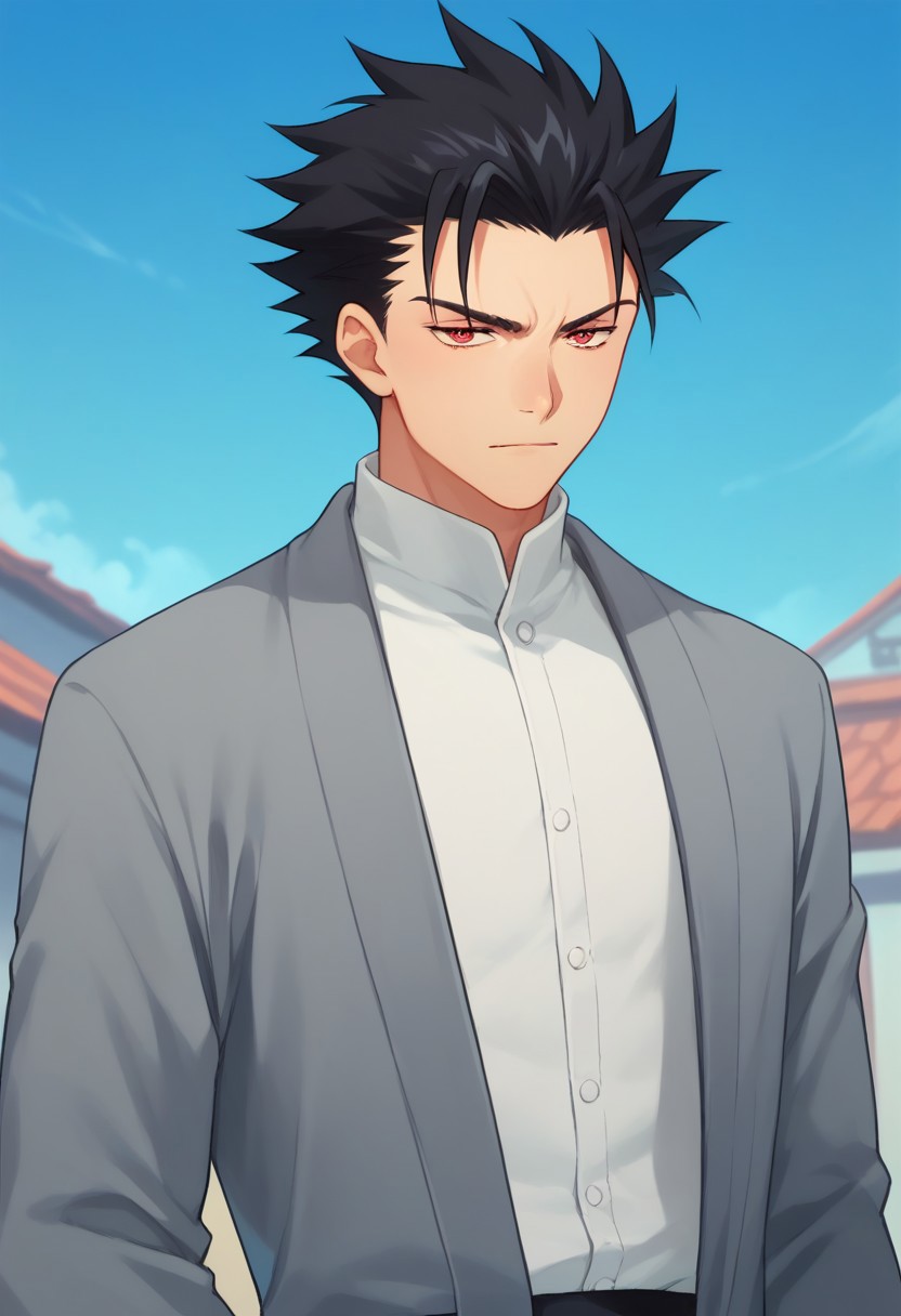 score_9, score_8_up, score_7_up, source_anime, highly detailed, 
1boy, male focus, solo, black hair, spiked hair, red eyes, upper body, japanese clothes, shirt, white shirt, grey jacket, slender
outdoor, sky,