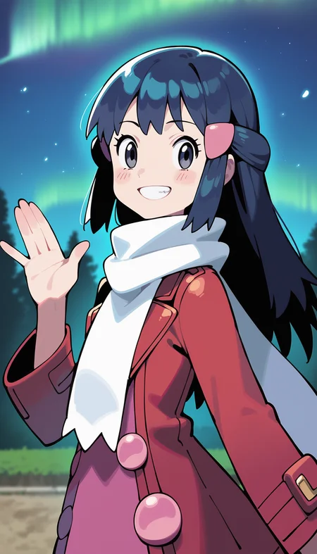 score_9,score_8_up,score_7_up,
highres,highly detailed,
<lora:hikaridawn:0.8>,
hikaridawn,
1girl,solo,navy blue hair,long hair,
grey eyes,smile,looking at viewer,closed eyes,grin,
pink hair clips,red overcoat,white scarf,
upper body,waving,
blurry background,outdoors,light particles,night,aurora,starry sky,