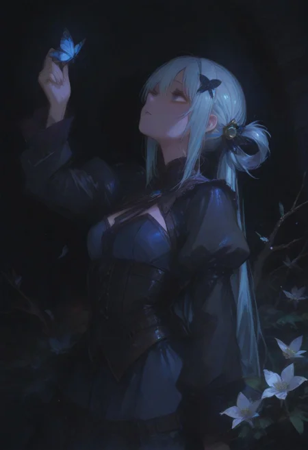 perfect quality,high quality,masterpiece,best quality,amazing quality,very aesthetic,absurdres,Cinematic Lighting,newest,Tactical use of shadow,
AquaCYQL,1girl,solo,long hair,blue hair,very long hair,hair rings,hair ornament,blue eyes,
dress,flower,closedeyes,blackbackground,handonownchest,fromside,shortsleeves,whitedress,petals,bluedress,twintails,veryprofile,butterfly,bug,branch,partedlips,handup,lowtwintails,simplebackground,lookingup,breasts,standing,floralprint,
<lora:ponyv4_noob1_2_adamW:0.7>,<lora:spo_sdxl_10ep_4k-data_lora_webui:0.6>,<lora:USNR STYLE_XL_loha:0.45>,<lora:748cmSDXL:1>,usnr,748cmstyle,<lora:Aqua_Illustrious by Cyql:1>,