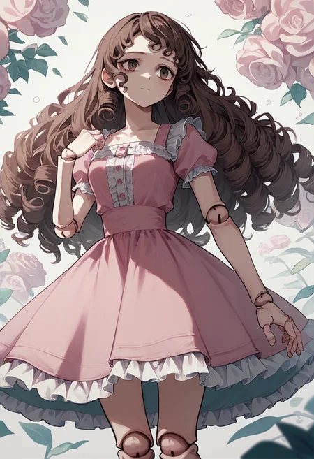 score_9, score_8_up, score_7_up, score_6_up, source_anime, <lora:doll_joints_v0.1-pony:1.0>
1girl,doll joints, long hair, brown hair, curly hair,
frilled dress, pink dress,