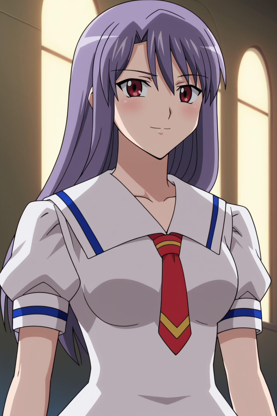 score_9, score_8_up, score_7_up, source anime, prefect lighting, very aesthetic, BREAK, anime coloring, anime screencap,
<lora:shiratori_miyu_v2-pdv6:1>, 1girl, shiratori miyu, aika zero, red eyes, purple hair, long hair,
white sailor dress, necktie, puffy short sleeves, 
BREAK, looking at viewer, light smile, blush, upper body, portrait,  
BREAK,