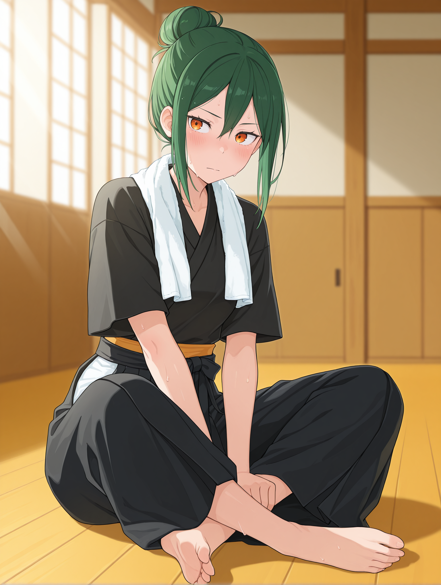 <lora:Crusch Karsten Illu:1>1girl, solo,
cruschk4rsten, green hair, towel around neck, barefoot, japanese clothes, single hair bun, 1girl, full body, black kimono, hair between eyes, standing, looking at viewer, orange eyes, closed mouth, hakama skirt, sidelocks, short sleeves, blush, 
sitting, sweat, looking to the side, one hand behind, 
dojo, depth of field, blurry background, sunrays,, masterpiece, best quality, amazing quality