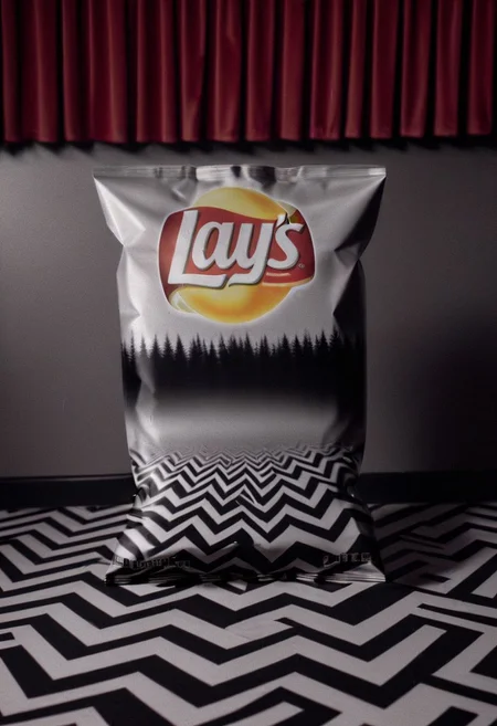 Lays Chip Bag, "TWIN PEAKS", coffee, in a room with red curtains, black and white chevron pattern floor, realistic, sharp, detailed, classic, artistic, perfection, contrast, cinematic, filmic, high quality photo, David Lynch style, Twin Peaks style, shallow depth of field, vignette, highly detailed, high budget, bokeh, cinemascope, moody, epic, gorgeous, film grain, grainy