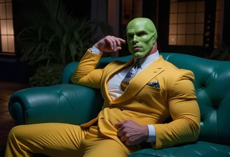 An extremely muscular massive hot sexy man with a green head and a beautiful sexy green model face wearing a yellow suit lying on a couch at night