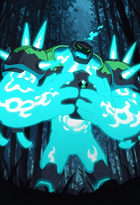 masterpiece, best quality, amazing quality, very aesthetic, absurdres, newest, , detailed background, 
 movie scene, cinematic scene, cinematic, foreground blur, depth of field, 
shckrck, glowing, shoulder spikes, green eyes, helmet, neon trim, blue fire, big arms, massive arms, blue arms, no humans, male focus, short legs, 
fire breath, blue flames, upper body, cowboy shot,  dark forest, blue flames, open mouth, blue tongue