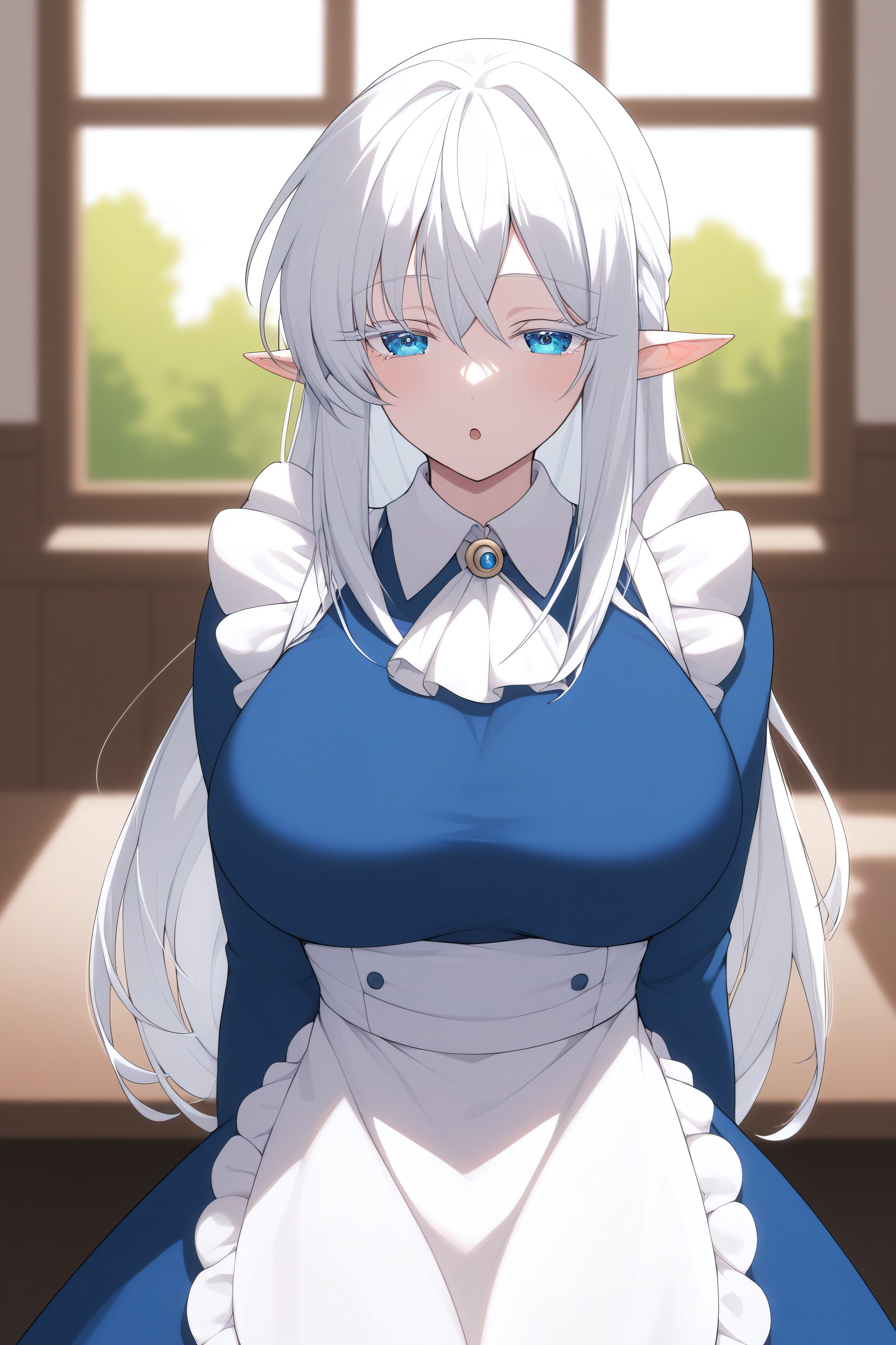 score_9, score_8_up, score_7_up, BREAK source_anime, <lora:Schnee Raizar-PonyXL-lora-Faxtron:0.8> schnee raizar, blue eyes, white eyelashes, white hair, long hair, large breasts, pointy ears, long blue dress, white apron, long sleeves,