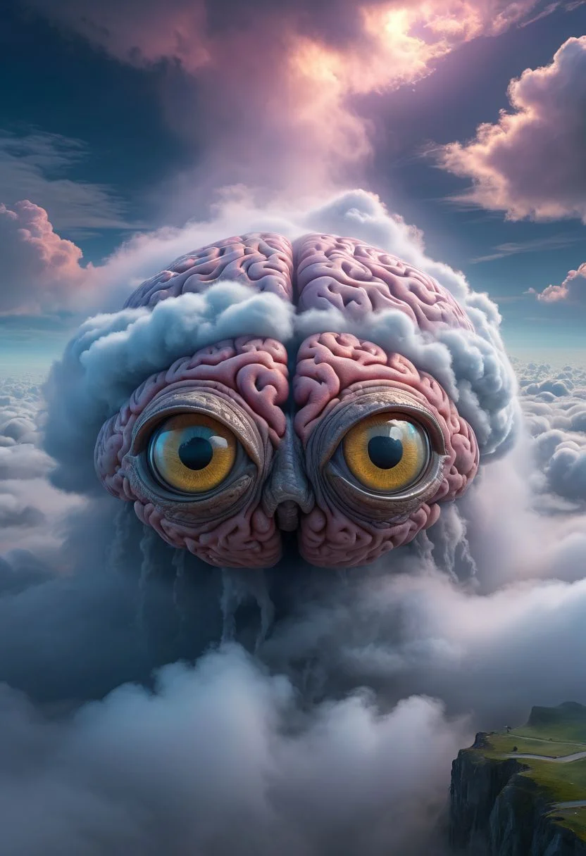Cloud with brain exposed. Large eyes, scenery contained within eyes. Thick colorful mist. vibrant, photo realism, Masterpiece, (8k:1), best quality, ultra detailed, best artist, micro details, sharp edges, detailed textures, (full body shot), atmospheric lighting, visually stunning, perfect composition, trending on artstation, ral-wtrmln