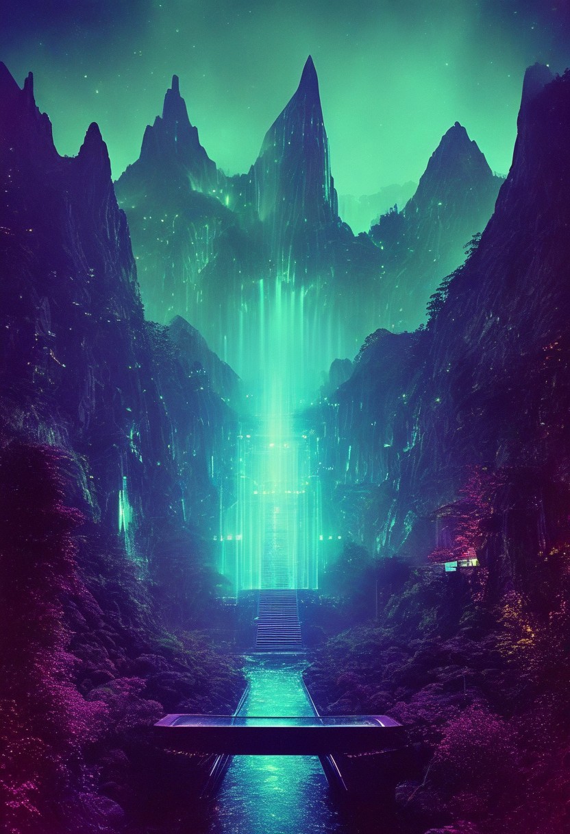 ()Hyoer Realistic:2.0)Polaroid picture 
an image of 
A futuristic, neon-lit (Appalachian mountain range, transformed into a utopian resort.:1.28) Towering skyscrapers and sleek, curved architecture blend seamlessly with the natural landscape. Holographic waterfalls cascade down the sides of mountains, while levitating walkways connect the peaks. The air is clean and fresh, filled with the sweet scent of blooming flora. In the distance, a massive, glowing portal pulses with energy, connecting the resort to other dimensions. The atmosphere is one of serenity and wonder, as people from all walks of life come to marvel at this technological marvel.