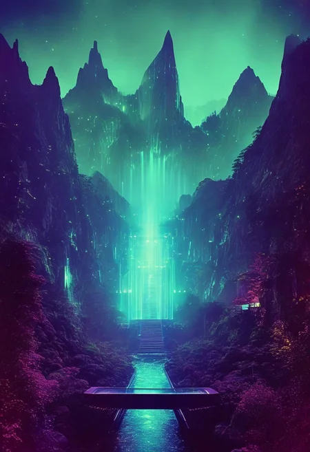 ()Hyoer Realistic:2.0)Polaroid picture
an image of
A futuristic, neon-lit (Appalachian mountain range, transformed into a utopian resort.:1.28) Towering skyscrapers and sleek, curved architecture blend seamlessly with the natural landscape. Holographic waterfalls cascade down the sides of mountains, while levitating walkways connect the peaks. The air is clean and fresh, filled with the sweet scent of blooming flora. In the distance, a massive, glowing portal pulses with energy, connecting the resort to other dimensions. The atmosphere is one of serenity and wonder, as people from all walks of life come to marvel at this technological marvel.