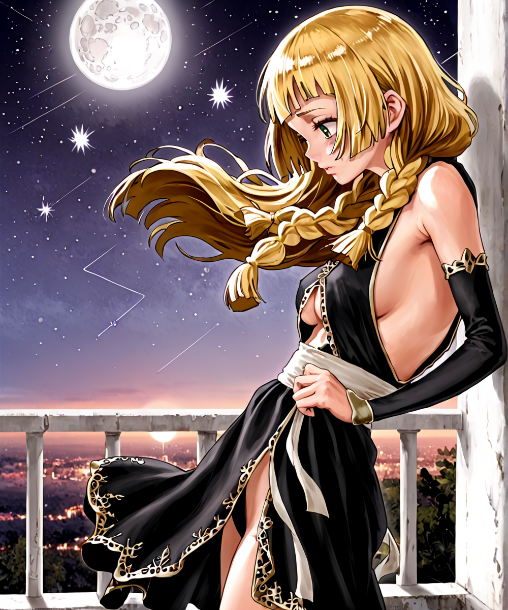 character_pokemon_lillie, black gilded night dress, long high slit dress, underboob, elbow gloves, standing in balcony, night, sky, stars, falling star, gazing at the sky, moon, moody, solemn, alone, solo, solo focus, atmospheric, masterpiece, golden trim, black dress, blonde hair, braids, from side, from behind, baroque, golden trim, distinguished, intricate detail, detailed, detailed hard lighting, soft lighting<lora:nekoi_mie_style_FORPONY:1>nmstyle