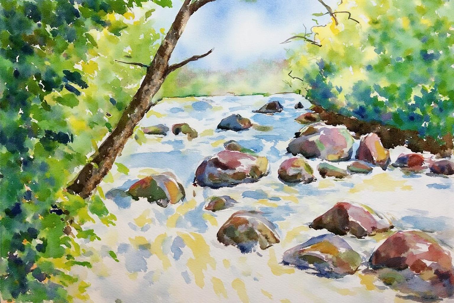 watercolor. 
A stream flowing through a forest. There are rocks of various sizes in the stream.
 <lora:watercolor1_nbm_cap_d6a3e12:1.0><lora:838814006614553046:0>