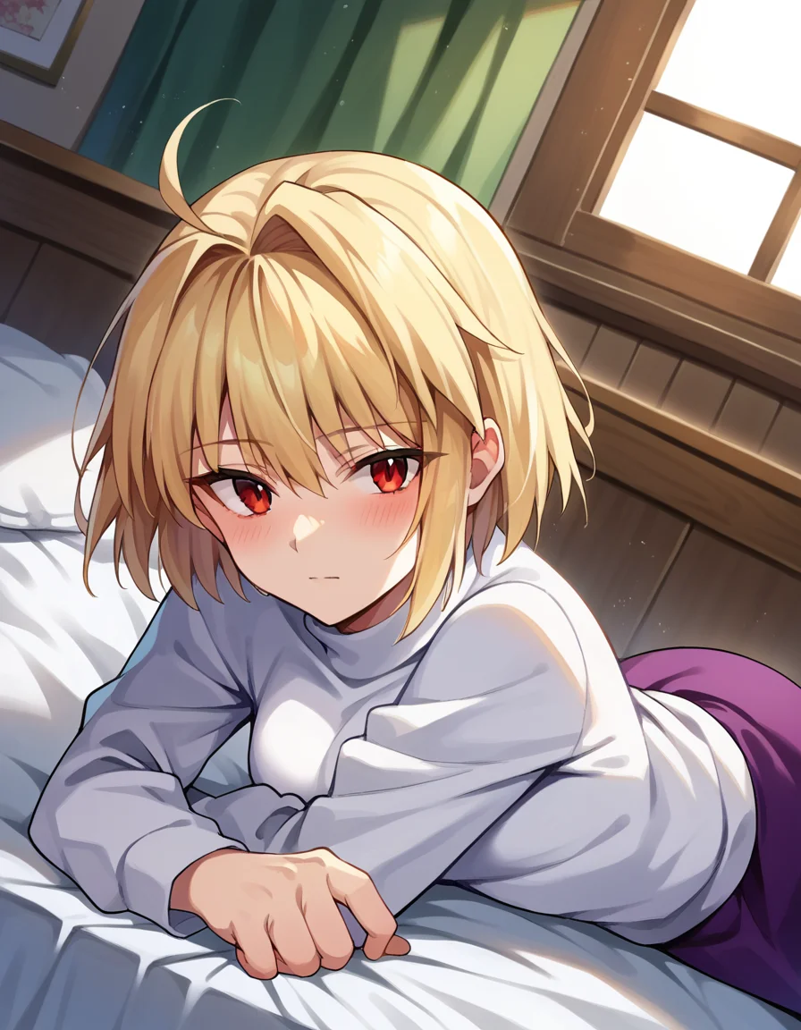 score_9, score_8_up, score_7_up, source_anime,
arcueidbrunestud, <lora:arcuid-brunestud-ponyxl-lora-nochekaiser:1>,
arcueid brunestud, blonde hair, red eyes, short hair, ahoge,
long skirt, purple skirt, skirt, sweater, turtleneck, white sweater,
indoors, bed, bed room, on side, blush, drunk,
looking at viewer, dutch angle,