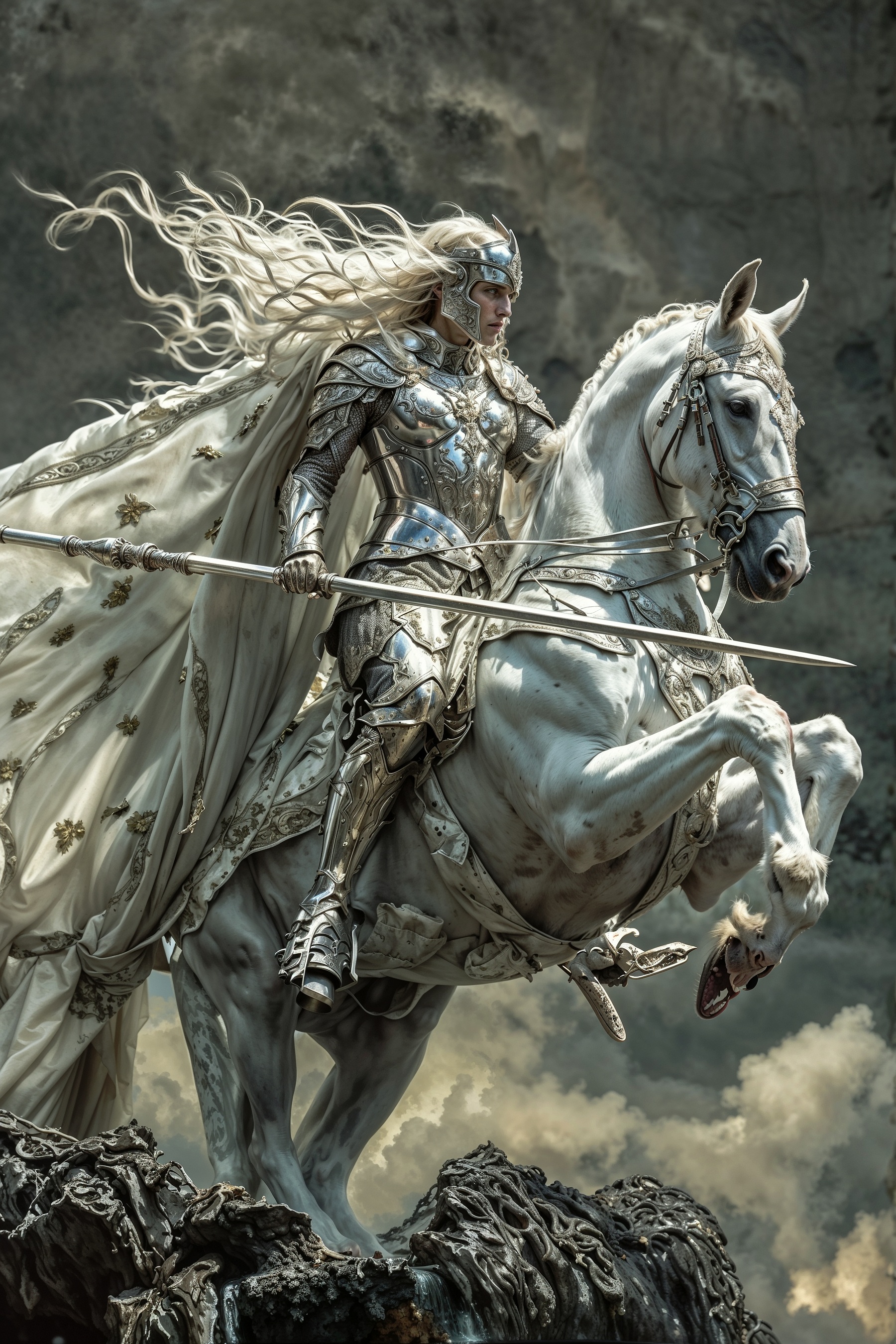 Highly detailed fantasy artwork depicting a majestic knight in shining armor riding a rearing white horse. The knight, with long flowing white hair, wears intricately designed silver armor adorned with ornate patterns and a flowing white cape. The horse, equally majestic, is also adorned with silver armor and decorative elements. The background features a dramatic, cloudy sky, adding to the epic and heroic atmosphere of the scene. The overall composition is dynamic, with a sense of movement and grandeur, emphasizing the knight's regal and powerful presence.