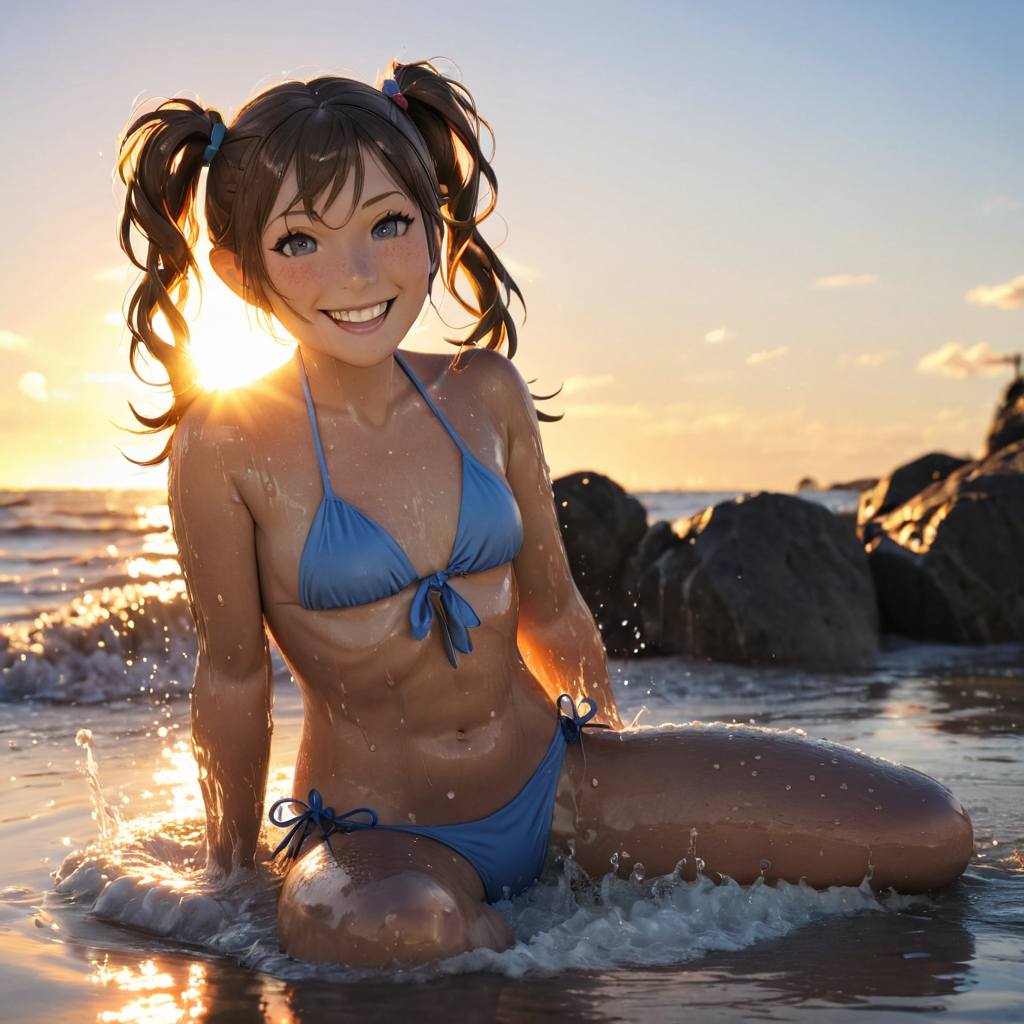 masterpiece, best_quality, solo,<lora:Kra_test:0.8>, k'ra, brown hair, grey eyes, twintails, small breasts, sitting, beach, sunset, bikini, sun, backlight, smile, laughing, splashing, throwing water, wet body, in the water, score_9, score_7_up, source_anime, ntm,