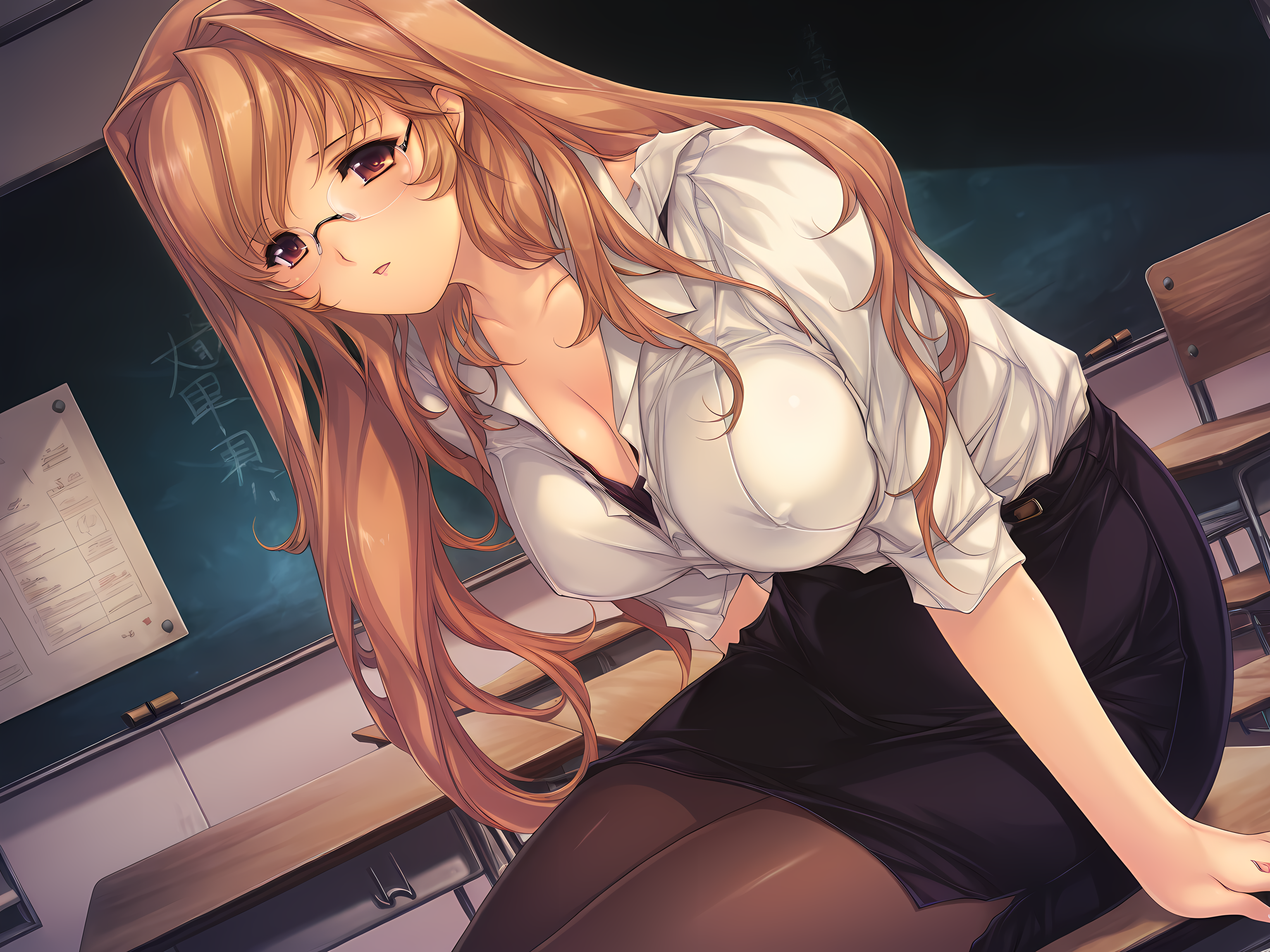<lora:Oyako_Rankan_Illustrious:1>,1girl,solo,kotone,min-naraken,standing,teacher outfit,looking at viewer,classroom,large breasts,glasses,teacher,sitting,, masterpiece,best quality,amazing quality,