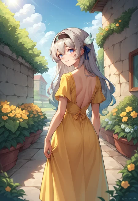 score_9, score_8_up, source_anime, 1girl, solo, FireflyHSR, blue pupils, long hair, black hairband, hair ornament, from behind, yellow sundress, garden, day, sunshine, smile, looking back, <lora:ChamFireflyV2PonyXL:1>