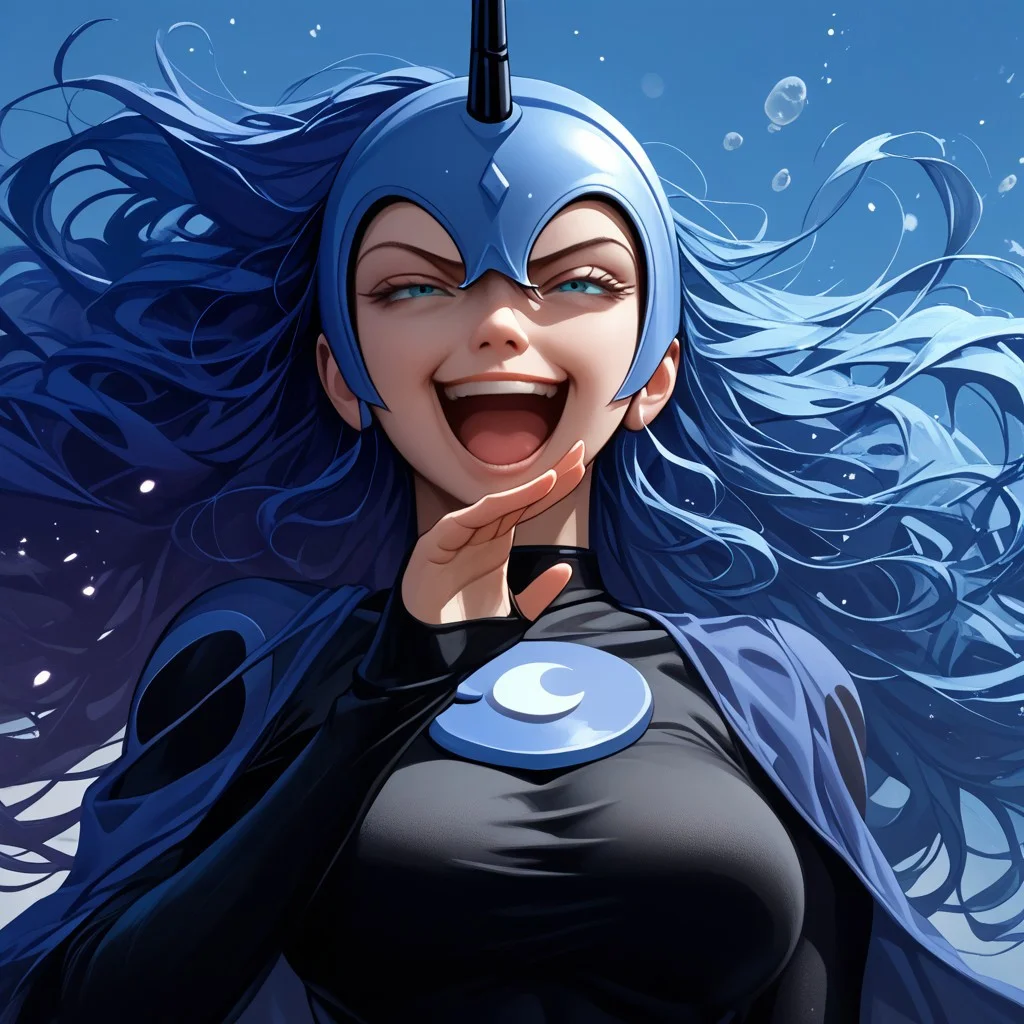 score_9, score_8_up, score_7_up, score_6_up, score_5_up, score_4_up, 1girl, nightmare moon, helmet, superhero, long hair, wind blowing hair, blue energy, large breasts, covered chest, skinny, <lora:ojou-sama-pose-ponyxl-lora-nochekaiser:1>, ojou-sama pose, laughing, smug, hand to own mouth, slightly open mouth,