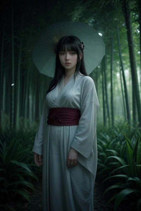 1girl, hyuuga hinata, purple eyes, white eyes, blunt bangs, black hair, hime cut, very large breasts, looking at viewer, fringe,konohagakure symbol, headband around neck ,solodynamic ink painting of a bamboo grove of japan, black and white,monochrome, great art, great sense of depth, ground level shot, the most beautiful bamboo grove in the world, bamboo leaves shining through rainwater, moon\(pale blue\) with a light overcast, beautiful woman\(ancient Japanese noble, beautiful kimono, beautiful long black hair\) looking up at the moon holding an umbrella,raining softly, fireflies flying around, bamboo leaves are placed three-dimensionally in the foreground, long distance shot
score_9, score_8_up, score_7_up, score_6_up, score_9, score_8_up, score_7_up, score_6_up, cowboy shot, <lora:sdxl_lightning_8step_lora:1> <lora:breasts++-PD-breast_bags-1.0:1> <lora:HerrscherAGGA2024_Polo_Shirt_V1:0.6> <lora:GirlfriendFNF_PDXL:0.8>