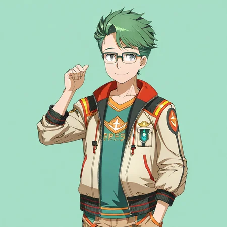 shorts, green hair, male focus, 1boy, solo, grey eyes, jacket, short hair, glasses