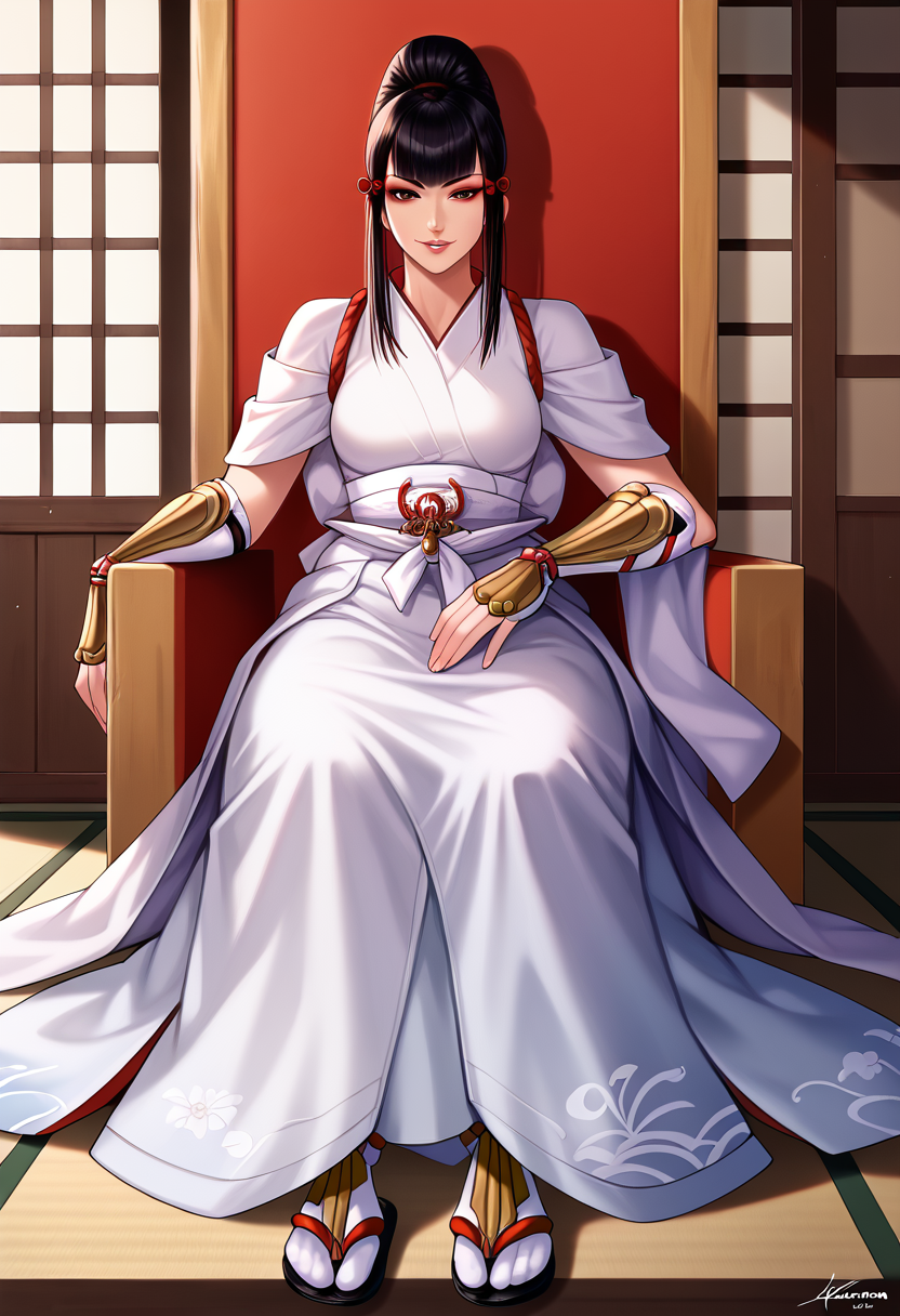 score_9, score_8_up, score_7_up,  source_anime,  BREAK solo, 1 girl,   <lora:TekkenKazumi:1>,   TKNKZMI, black hair, blunt bangs, red eyeshadow, sidelocks, hair ornament, hair bun, white kimono, arm guards, tabi, parted lips, seductive smile, sitting, throne, wooden wall, dojo, looking at viewer,